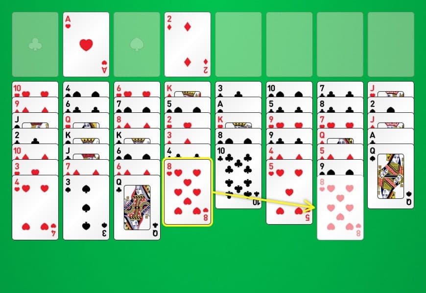 Illustration of moving cards between tableaus in Free Cell Solitaire game