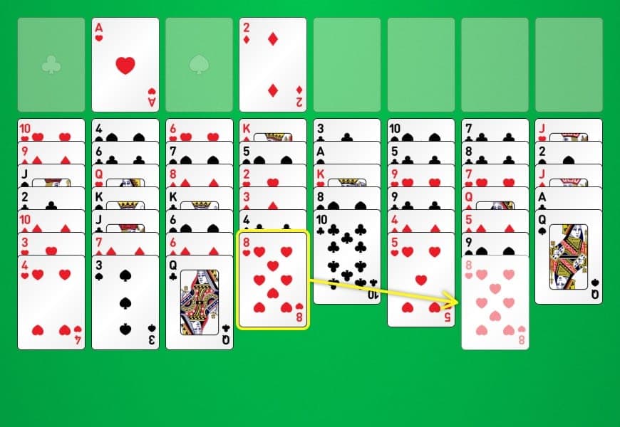 Illustration des Verschiebens von Karten zwischen Tableaus im FreeCell-Solitär-Spiel