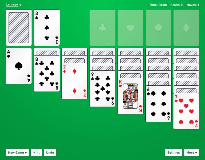 Screenshot of free Klondike Solitaire turn 1 game