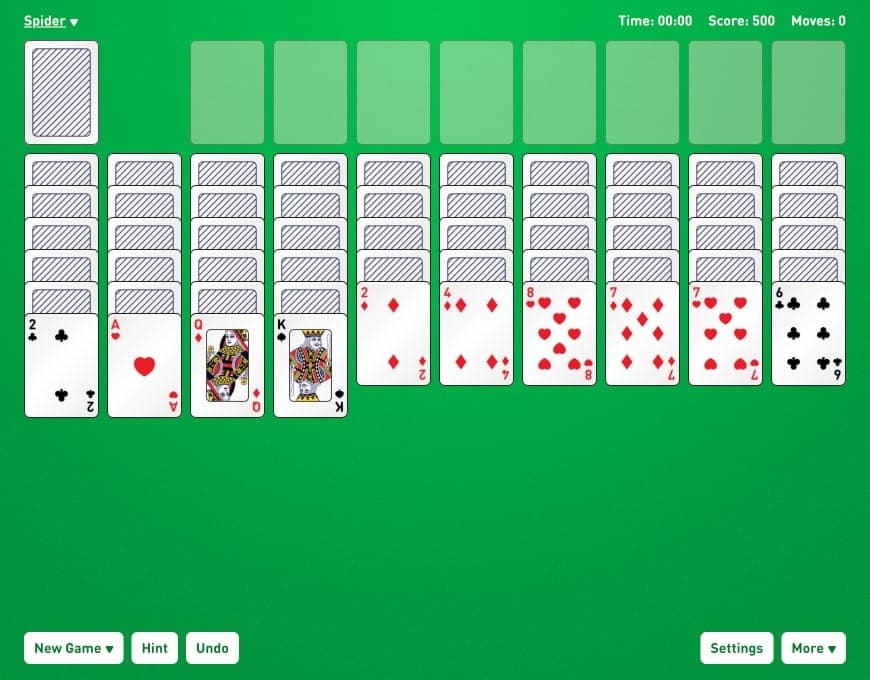 Captura de pantalla del juego de cartas Solitario Spider de 4 palos